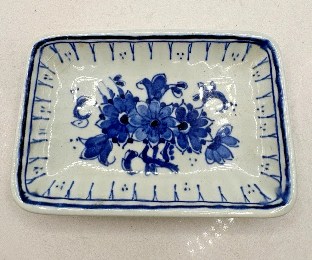 Vintage Delft Small Blue White Floral Tray Hand Signed CH Handmade Trinket Dish